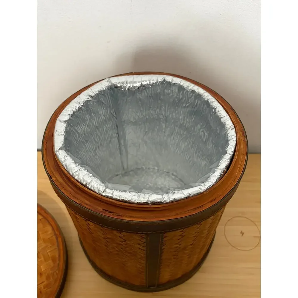 Vintage Woven Rattan Ice Bucket Faux Leather Trim Insulated Tiki Barware